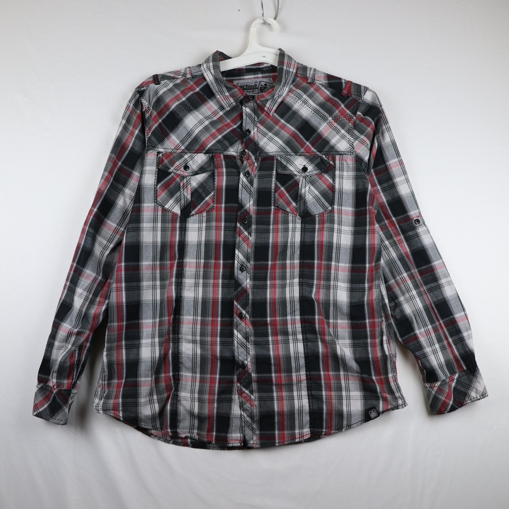 Machine Plaid Western Shirt Mens‎ XL Black Red Gray Pearl Snap Pockets Casual